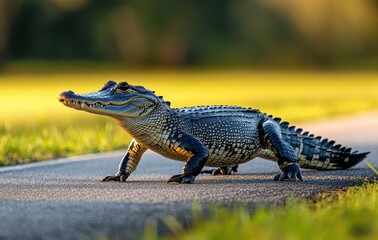 Fototapeta premium Detailed Close-Up of a Realistic Alligator Walking on a Pathway Surrounded by Lush Green Grass Under Soft Golden Light