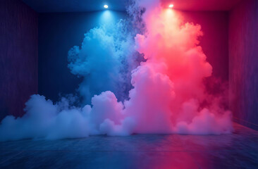 Multi-colored fog in an empty dark room with backlight.