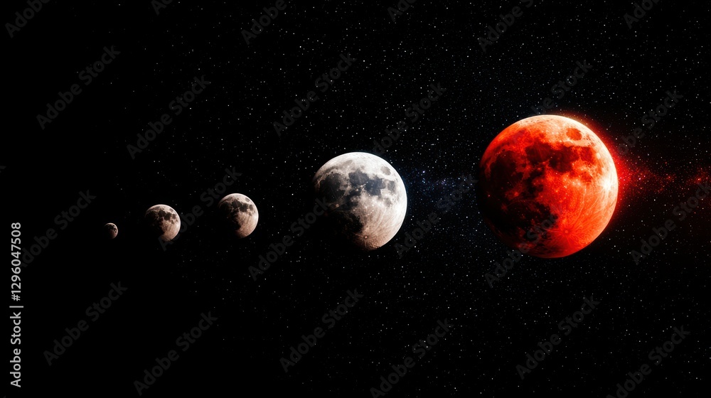 Wall mural a time lapse image showcasing the different phases of a lunar eclipse, from the initial penumbra to 