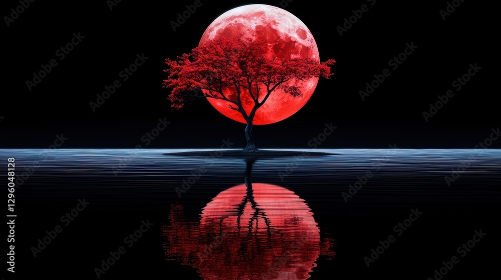 Wall mural a mesmerizing view of a blood moon during a lunar eclipse reflected on the surface of a lake, its re