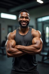 Fototapeta premium smiling African American muscular athlete standing with arms crossed