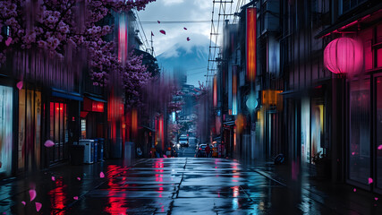 Cyberpunk Alley with Neon Signs and Sakura Petals