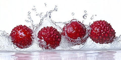 Lychees splashing into water creating a vibrant scene