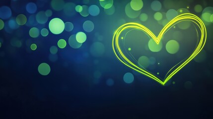 Neon background for Valentine's Day, contours of emerald green and lime hearts, dark blue background