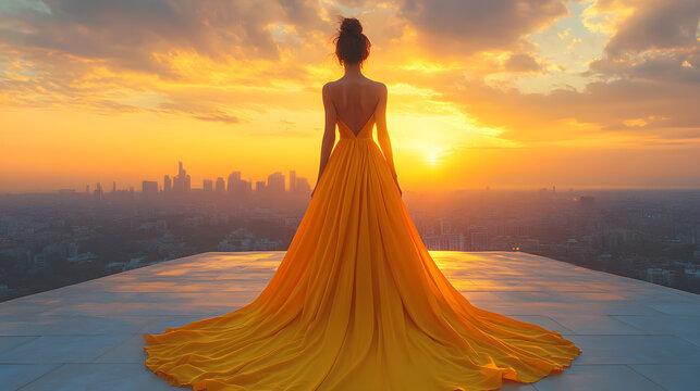 Photography of a confident 30-year-old model standing on a rooftop terrace at sunset, wearing a flowing silk gown in vibrant summer hues, with the glowing city skyline creating a dreamy, romantic back