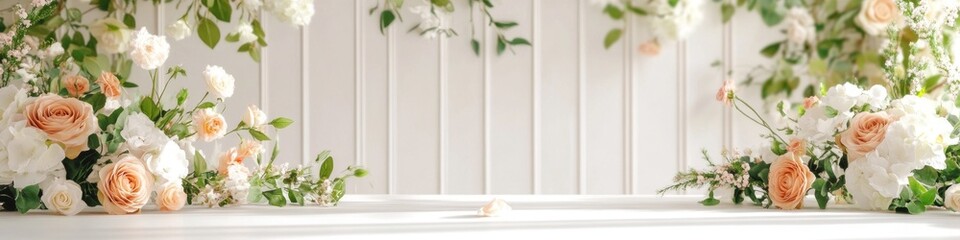 Peach and white roses create a romantic backdrop.