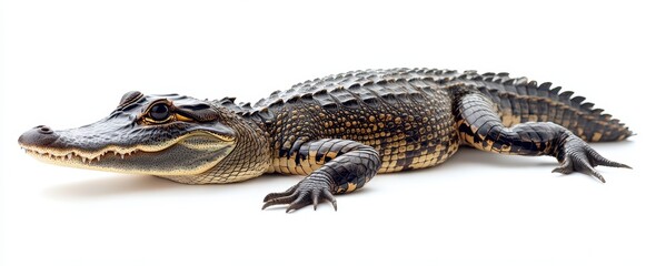 Naklejka premium Detailed Close-Up of a Young Alligator Lying on a White Surface, Showcasing Distinctive Scales and Textures of Reptilian Skin in a Studio Setting