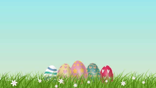 animated of easter eggs with grass and flowers foreground on sky background, happy easter celebration, 4K animation