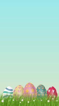 vertical video of animated easter eggs with grass and flowers foreground on sky background, happy easter celebration, 4K animation