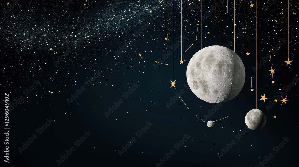 Poster a composite image of the moon, earth, and other celestial objects, with labels and arrows pointing o