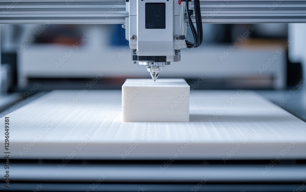 Fototapete Modern 3D printer creating a white prototype object layer by layer Additive manufacturing technology innovation Close up view of the process