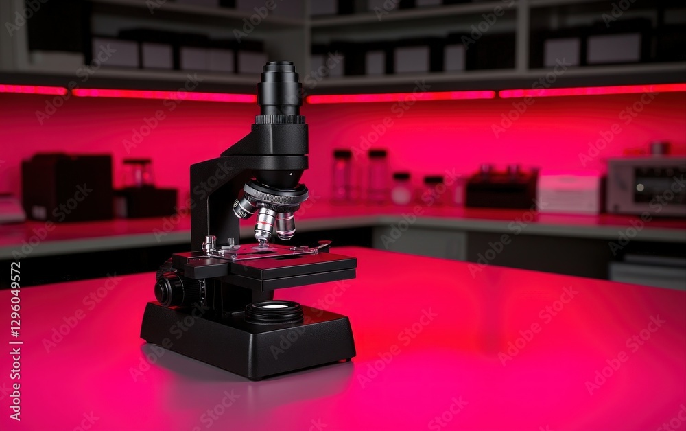 Poster Modern black laboratory microscope on pink surface in a brightly lit science lab Research equipment for scientific studies and experiments