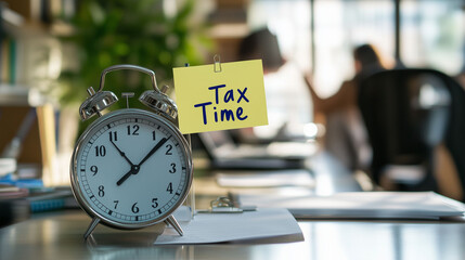  tax time reminder with alarm clock on table in office background