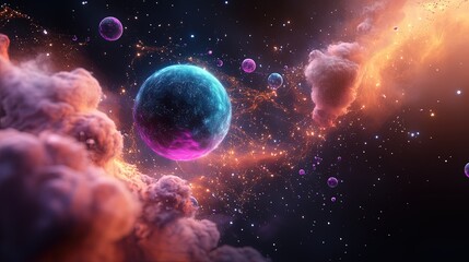 A glowing web of interconnected quantum nodes floating in a deep cosmic void. The nodes are bright neon-blue and purple orbs, connected by pulsating golden energy threads.