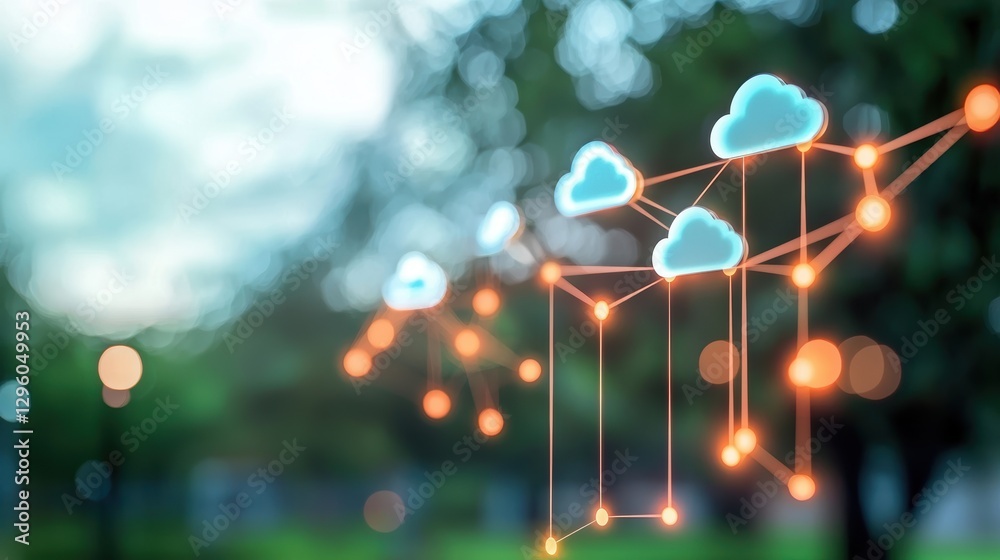 Poster multiple cloud icons interconnected within a secure network, visualized by glowing lines and nodes, 
