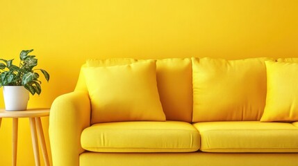 Yellow sofa with pillows against yellow wall.