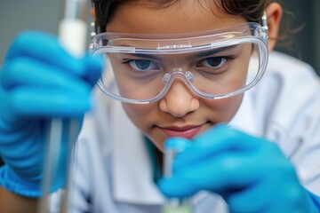 Young Latina Girl Engaged in Science Experiment, Wearing Protective Gear and Concentrating on Chemistry Mixing, Inside a Laboratory Setting