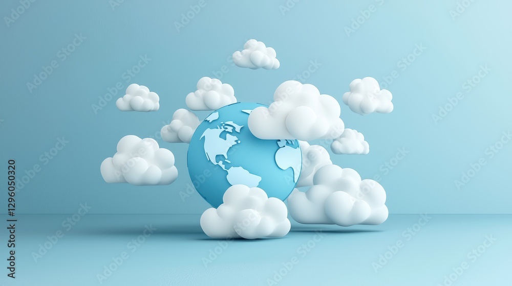 Poster a globe enveloped by a network of interconnected cloud icons, symbolizing the global reach and inter