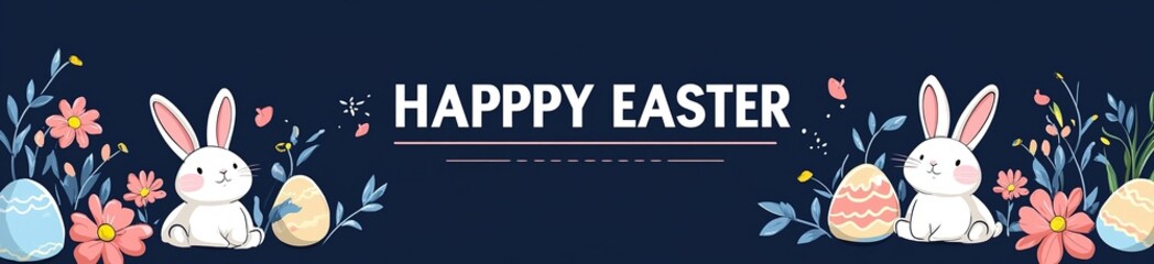 Obraz premium Vector Flat Illustration of a Happy Easter Banner with Cute Cartoon Bunnies, Eggs, and Flowers. Greeting Card Template for a Happy Easter Day Design, Featuring the Text 