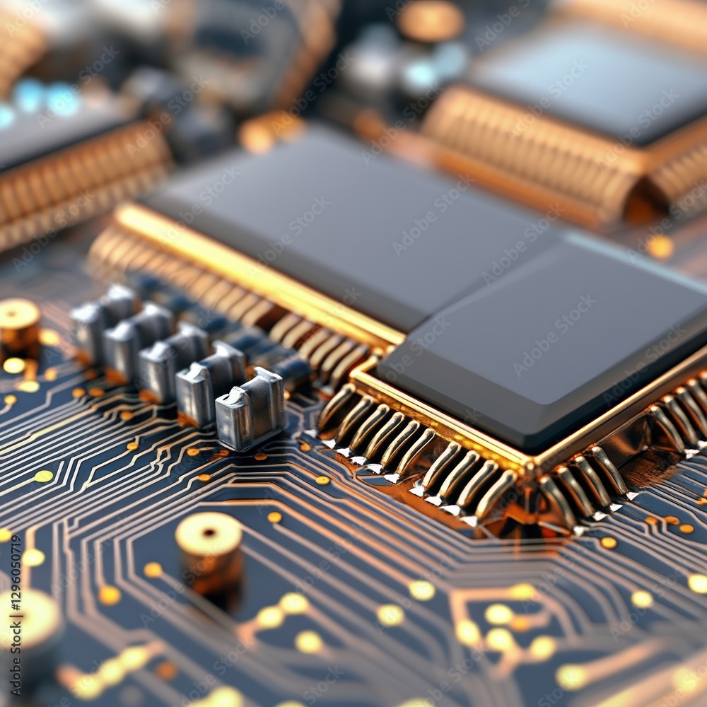 Poster Close-up view of a computer chip displaying complex circuitry and intricate details of modern electronic technology