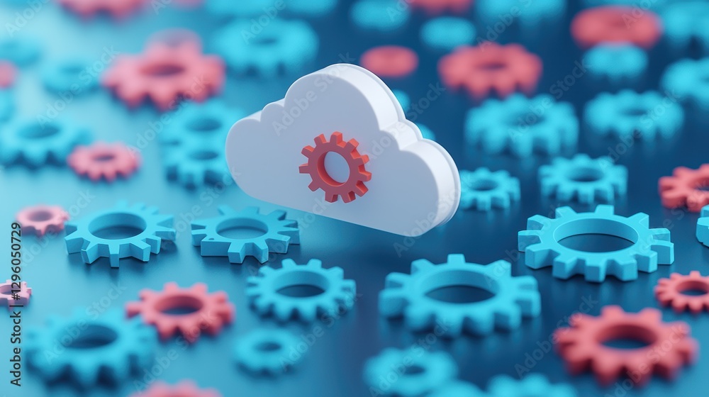Poster multiple gears interconnected with a central cloud icon, highlighting the complex mechanisms and pro