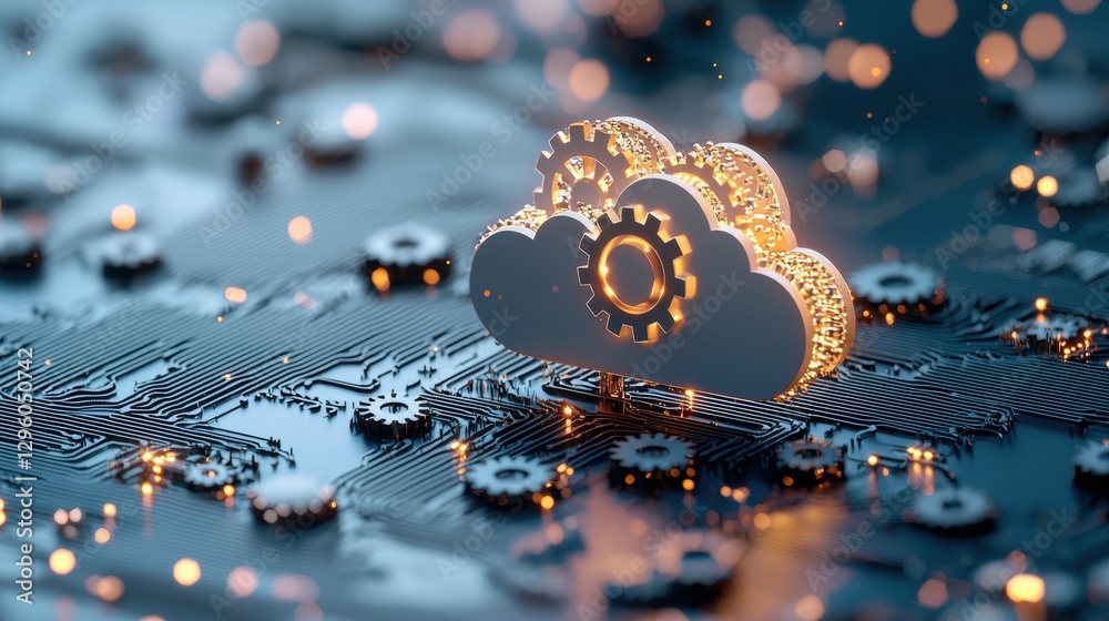 Poster a cloud icon with metallic gears rotating within it, representing cloud automation and the seamless 