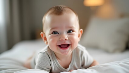 photograph of a cute, smiling baby boy with a happy expression