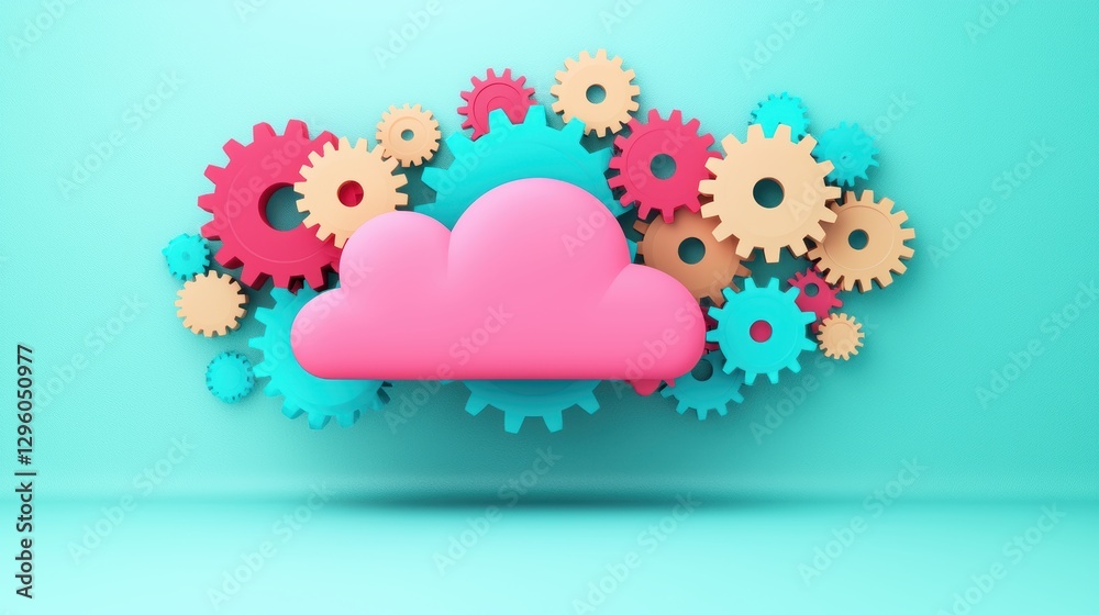 Poster an abstract representation of a cloud with gears and cogs as design elements, conveying the efficien