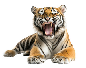 Obraz premium tiger with its mouth wide open, showcasing its powerful teeth and playful demeanor, exudes sense of joy and energy. This majestic animal is symbol of strength and beauty in wild