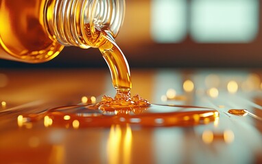 Liquid pouring from a bottle into a clear glass, capturing the fluid dynamics and refreshing beverage experience