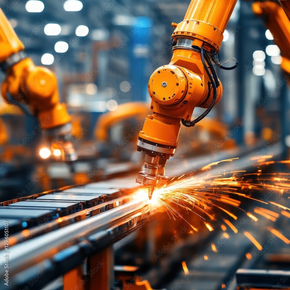Poster A sophisticated machine efficiently cutting a material piece in an advanced workshop environment streamlining production