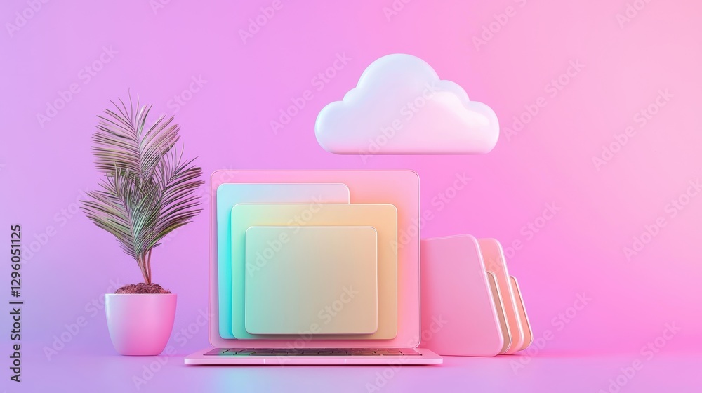 Poster a laptop icon with a folder syncing its contents with a cloud icon, representing cloud based file st