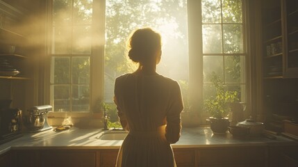 Woman gazing at sunrise through kitchen window
