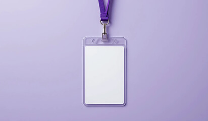Blank white ID badge in clear plastic holder with purple lanyard. Perfect for mockups, branding, or showcasing your company logo. Clean, simple design against a purple background. Easy to customize.