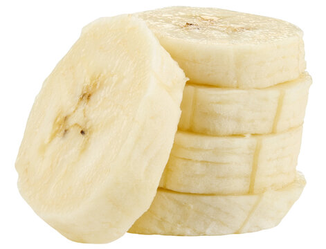 Stack Banana slices isolated on a transparent background. Completely in focus. Focus stacking.