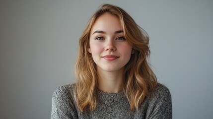 Fototapeta premium Portrait of a young Caucasian woman with long blonde hair, wearing a gray sweater against a neutral background.