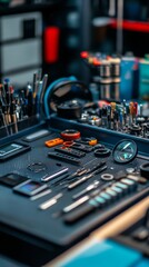A detailed workspace featuring an array of tools and gadgets. Each item is carefully organized for efficient use. Perfect for hobbyists and professionals alike. Generative AI