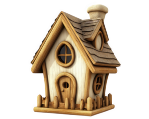 whimsical wooden birdhouse with charming design, featuring sloped roof, round windows, and small door. Perfect for garden decor or attracting birds