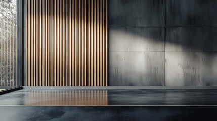 a modern room features a raised platform and a black wall with geometric panels