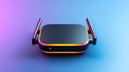 Modern wireless router with sleek design and vibrant lighting on a gradient backdrop showcasing its features