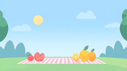 Fototapeta premium cheerful summer picnic setup featuring checkered blanket with fruits like strawberries, oranges, and lemons under sunny sky. Perfect for outdoor gatherings