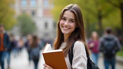 smiling young female college student holding a book