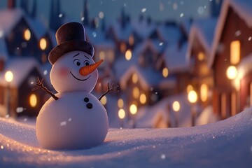 Happy Snowman In A Winter Village Scene