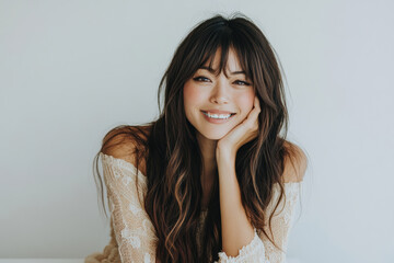 Smiling woman with long, flowing hair showcasing natural beauty in a bright, minimalist setting