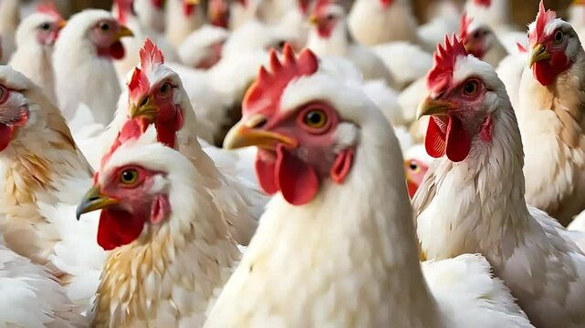 Chickens on a chicken farm grazing outdoors, domestic animal husbandry concept
