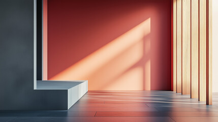 Obraz premium a modern room features a raised platform and a black wall with geometric panels