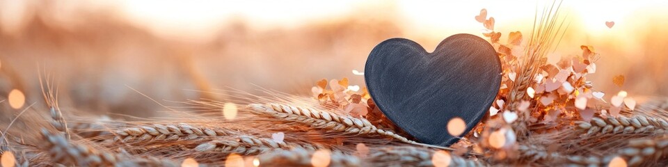 Fototapeta premium Dark heart in wheat field at sunset. Romantic.