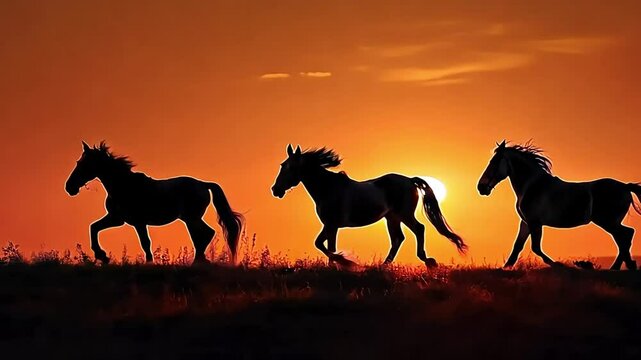 Silhouette of running horses against a sunset background
