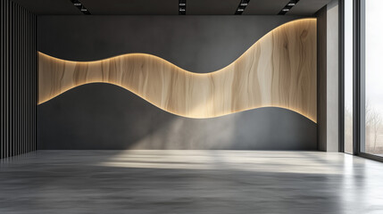 a modern room features a raised platform and a black wall with geometric panels