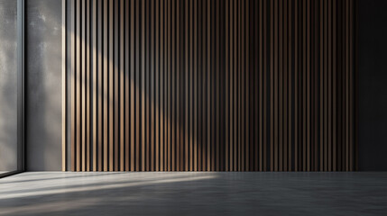 a modern room features a raised platform and a black wall with geometric panels